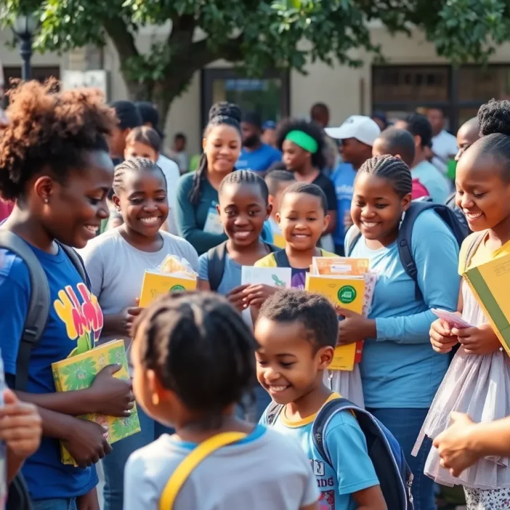 Families receiving school supplies at a community event in New Orleans