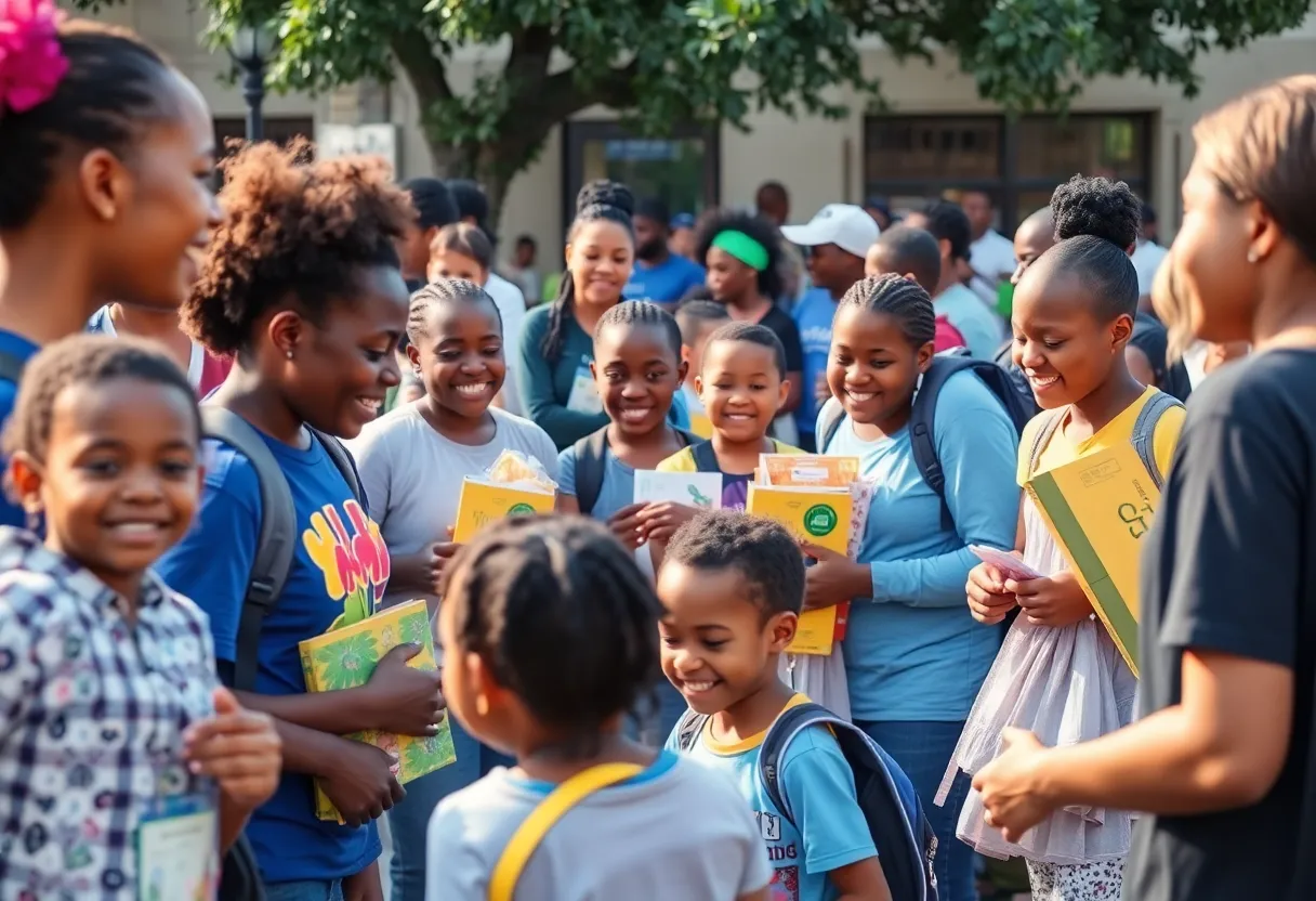 Families receiving school supplies at a community event in New Orleans