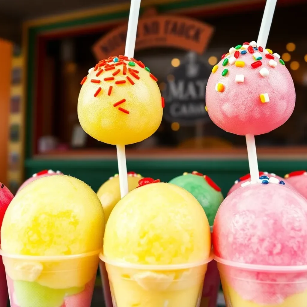 Colorful sno-balls from a New Orleans stand, showcasing various flavors and toppings.