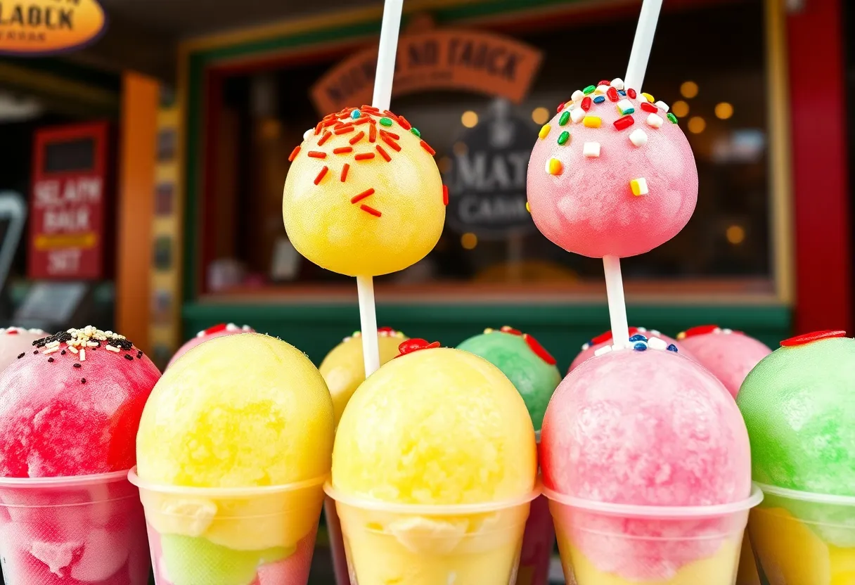 Colorful sno-balls from a New Orleans stand, showcasing various flavors and toppings.