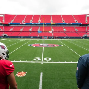 Football stadium filled with team gear during an NFL training camp with players in the background.