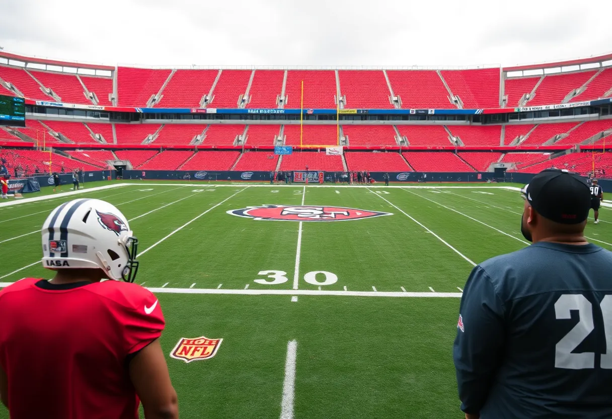 Football stadium filled with team gear during an NFL training camp with players in the background.