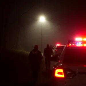 Police searching a wooded area for a fugitive