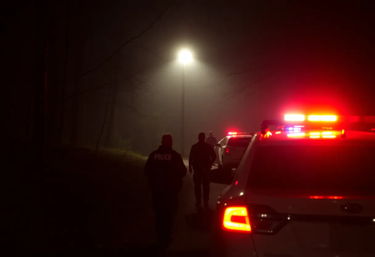 Police searching a wooded area for a fugitive