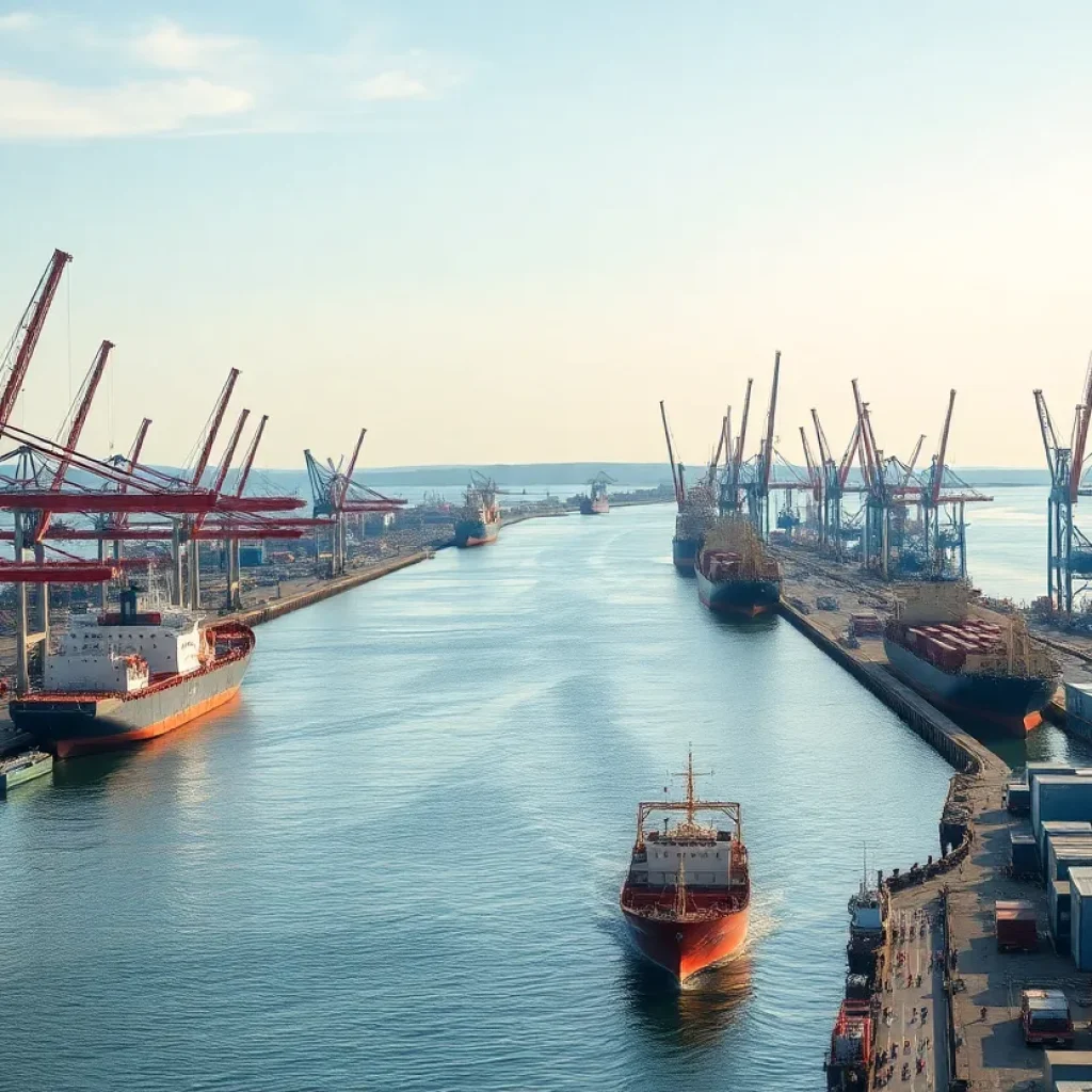 Busy Port Fourchon with ships and cranes