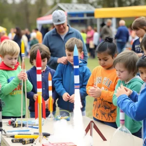 SHARE YOUR STORY Children participating in Rocket Day launching model rockets