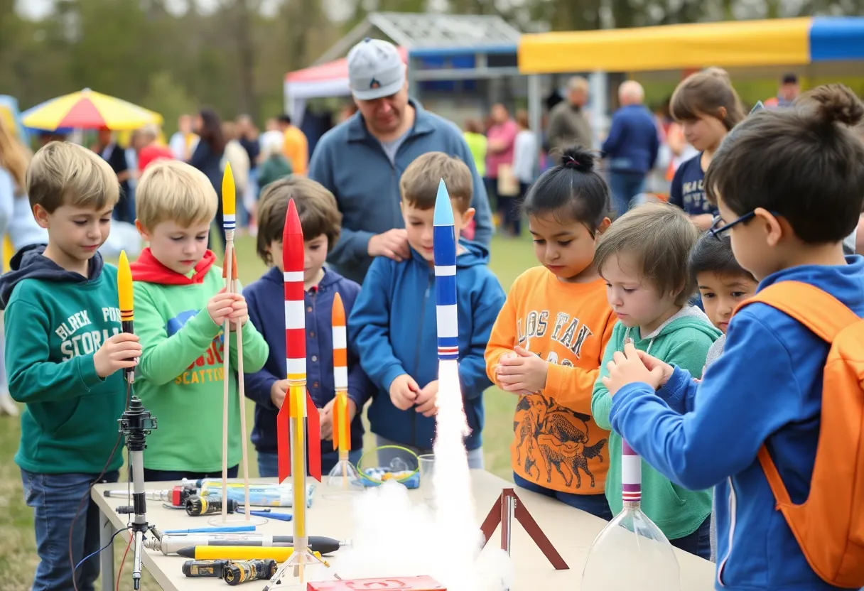 Children participating in Rocket Day launching model rockets