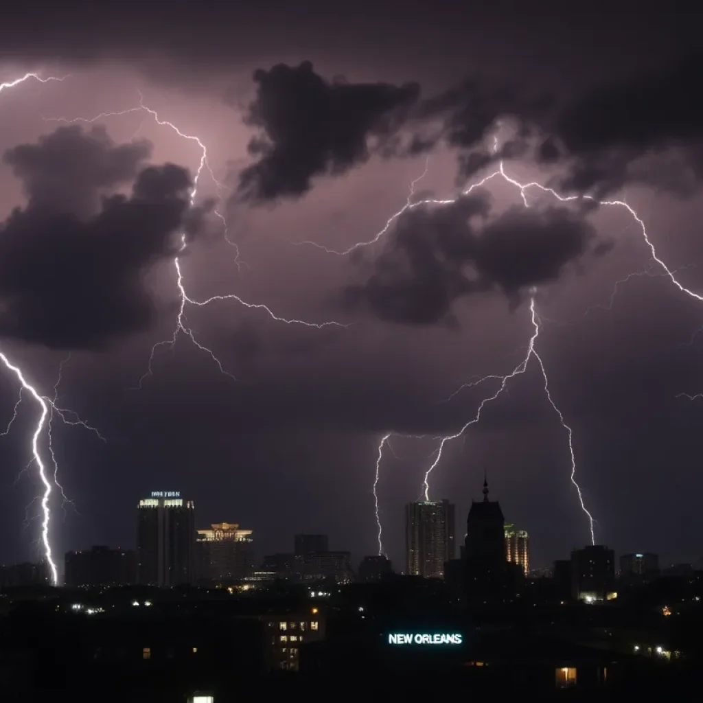 Stormy weather over New Orleans skyline with dark clouds