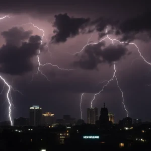 Stormy weather over New Orleans skyline with dark clouds