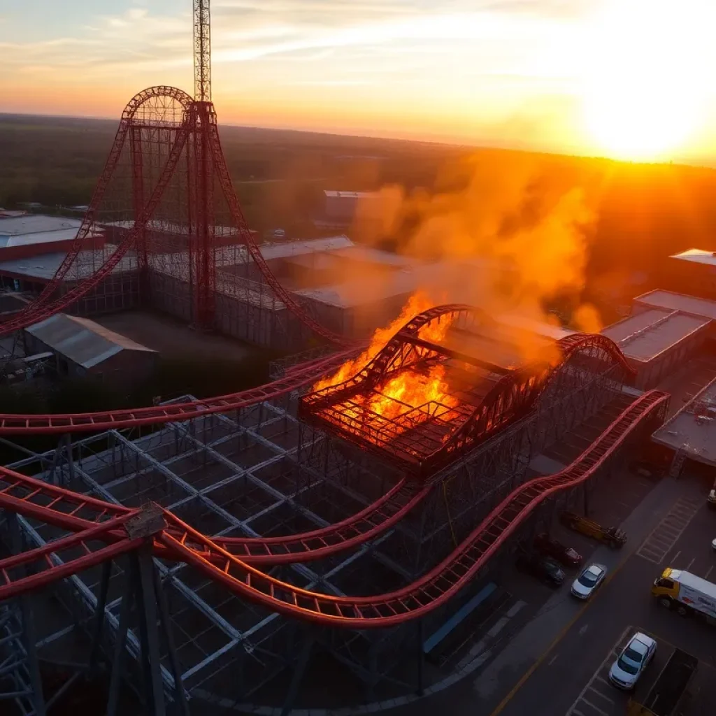 A section of roller coaster tracks on fire during the demolition of Six Flags New Orleans amusement park.