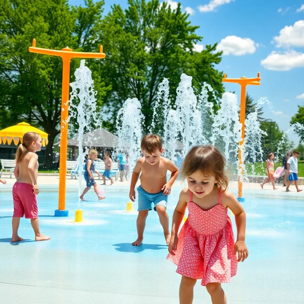 Children enjoying a splash pad in a New Orleans park during summer.