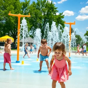Children enjoying a splash pad in a New Orleans park during summer.