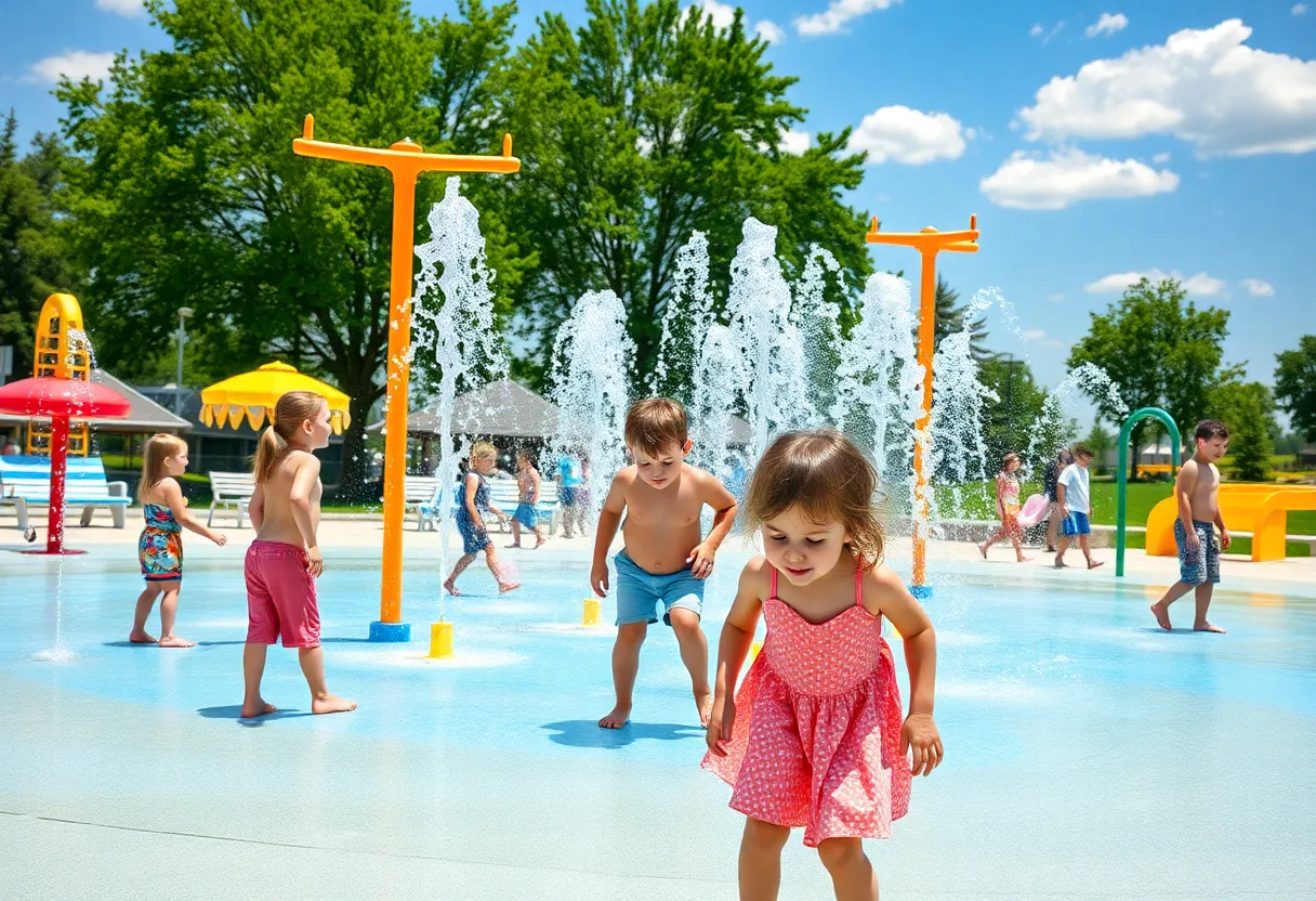 Children enjoying a splash pad in a New Orleans park during summer.