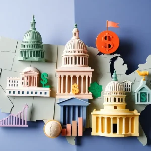 Visual illustrating U.S. state budgets and financial challenges.
