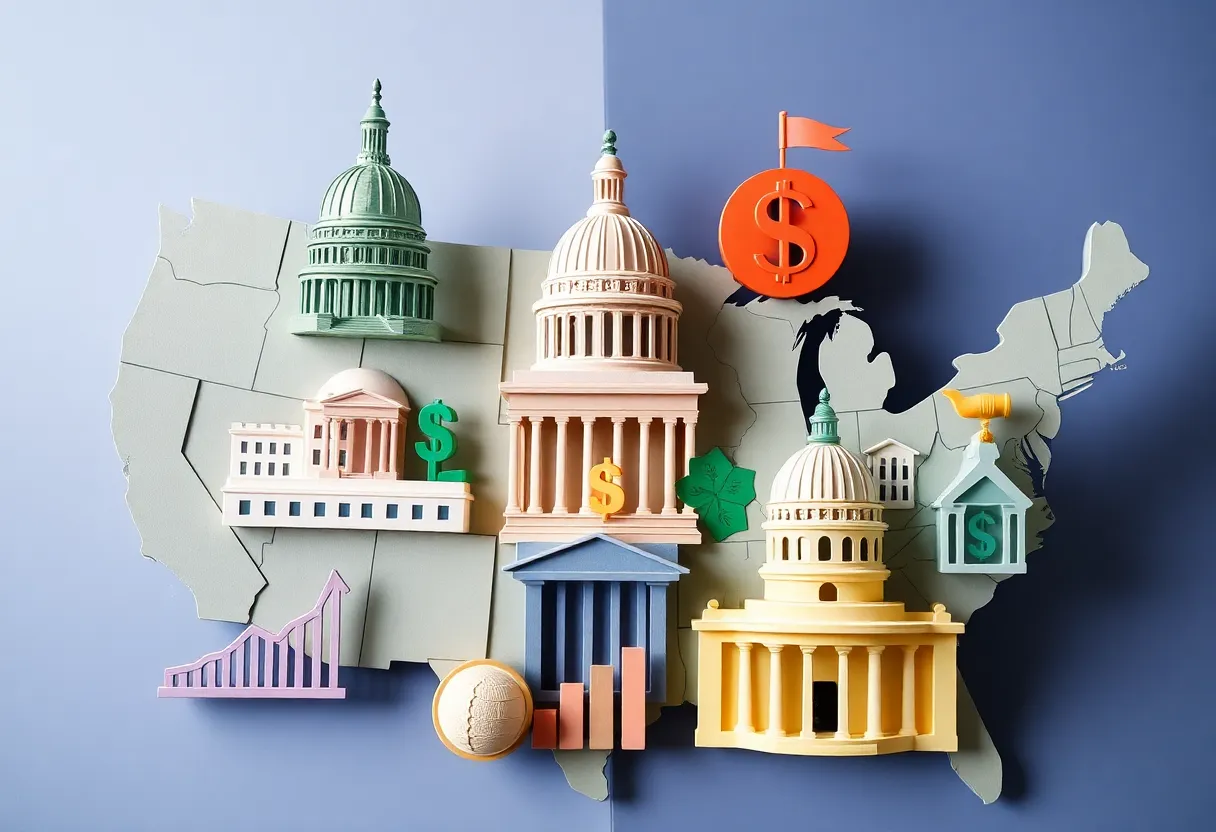 Visual illustrating U.S. state budgets and financial challenges.