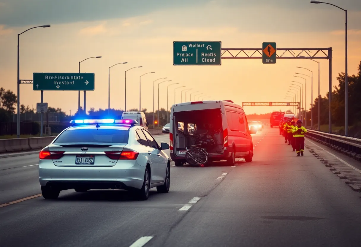 Scene of a police pursuit with a crashed van on the highway