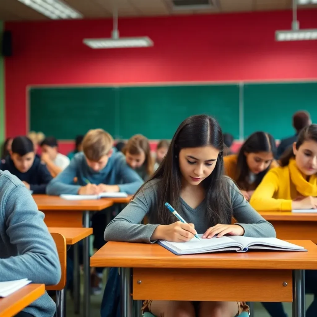 Students in a classroom focused on testing