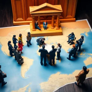 Courtroom scene with map discussions on electoral representation