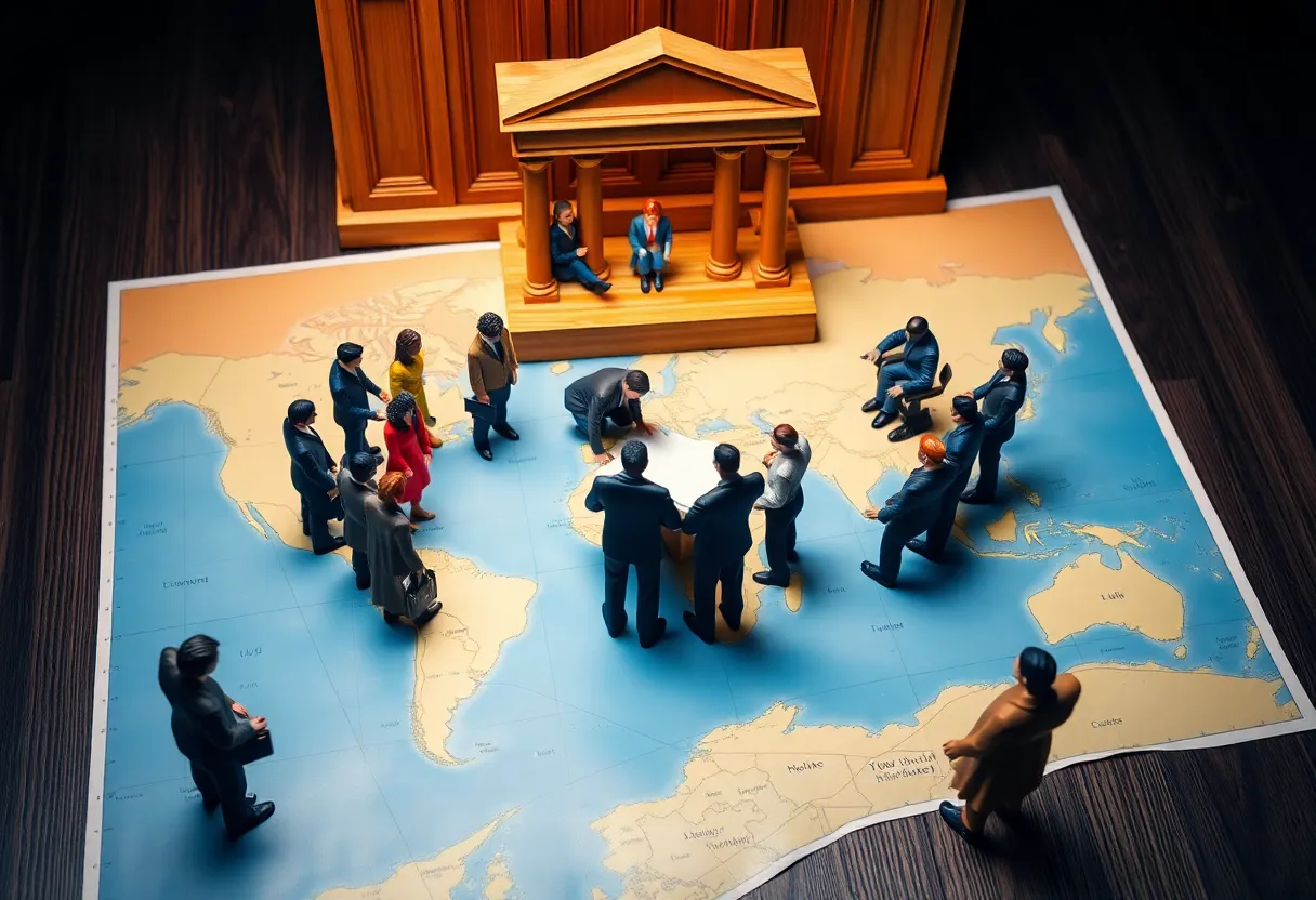 Courtroom scene with map discussions on electoral representation