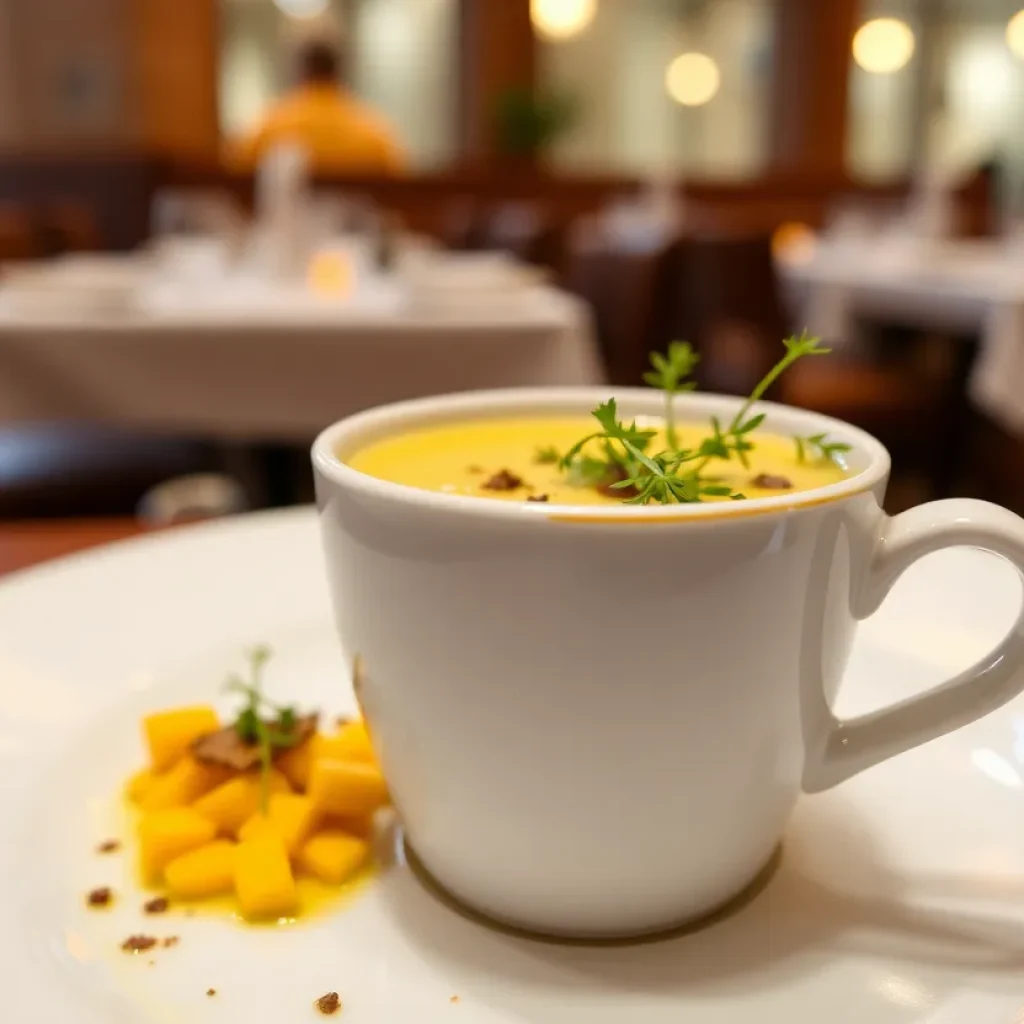 Sweet corn and truffle cappuccino soup presented in a cappuccino cup