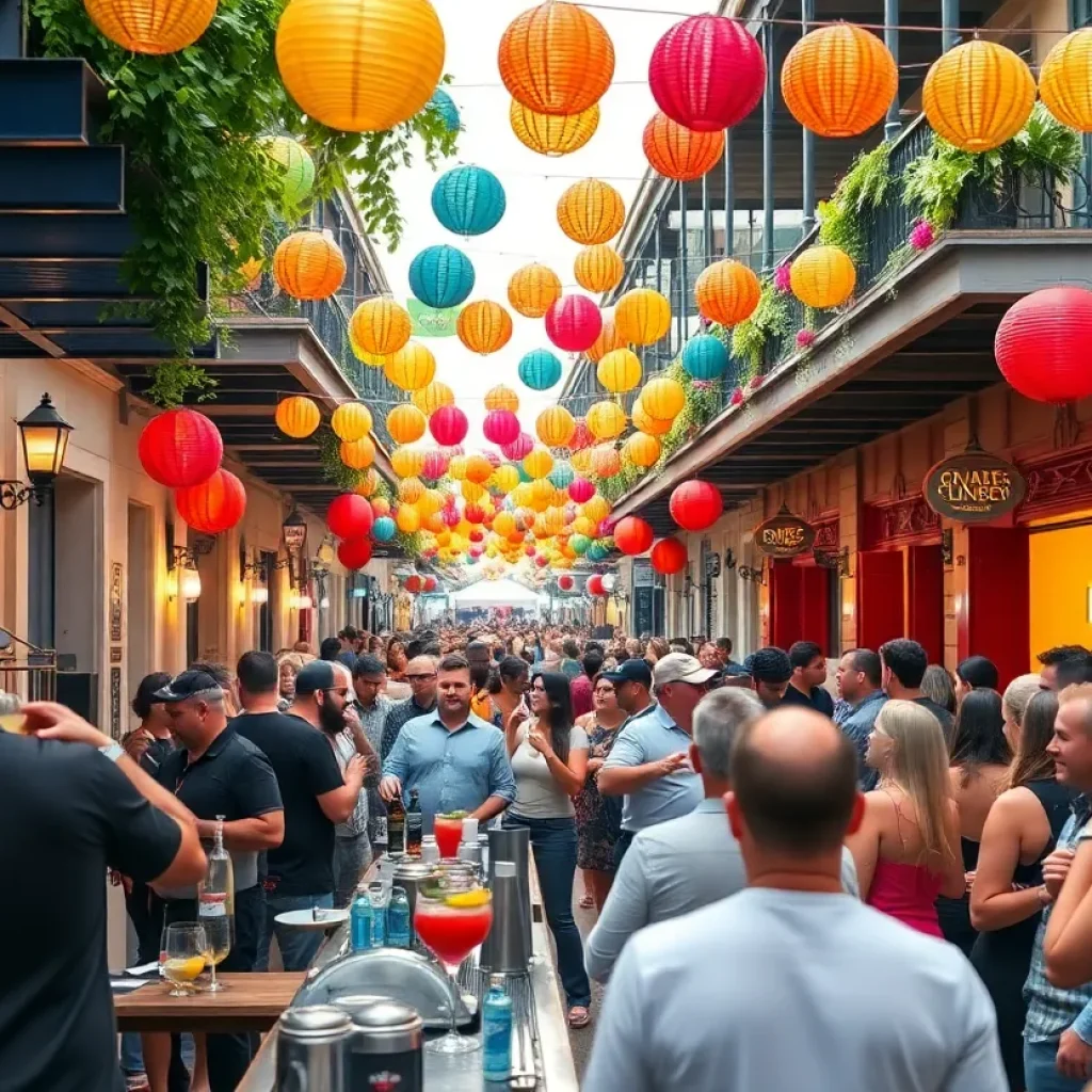 A lively scene from the Tales of the Cocktail festival in New Orleans, with bartenders and attendees.