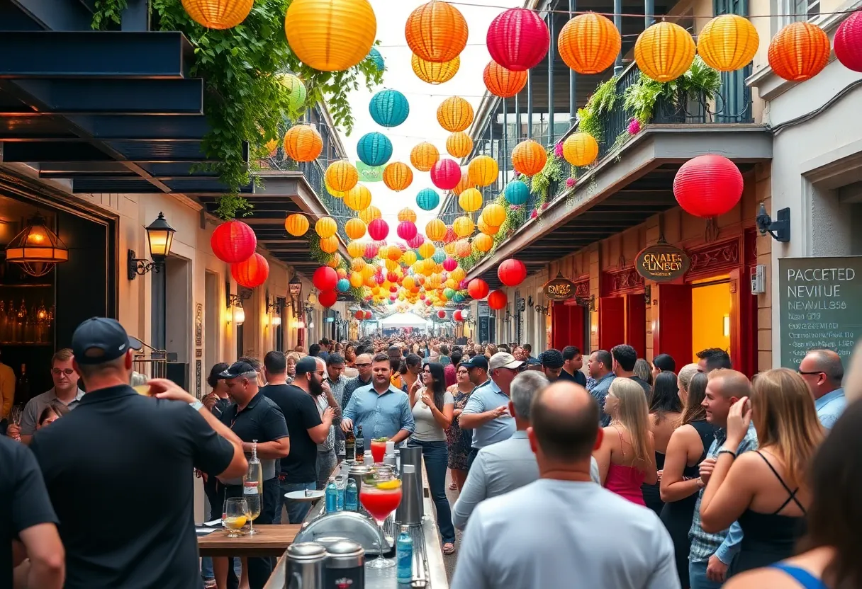 A lively scene from the Tales of the Cocktail festival in New Orleans, with bartenders and attendees.