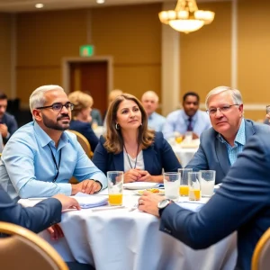 Submit Obituary Business leaders and educators discussing education's role in economic development at a luncheon.