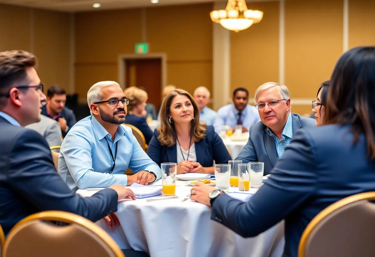 Business leaders and educators discussing education's role in economic development at a luncheon.