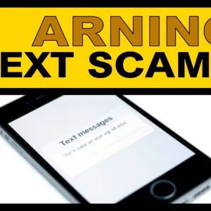 Caution sign depicting a text message scam warning