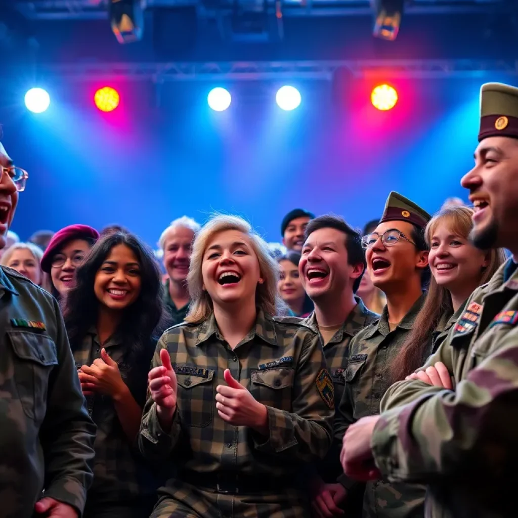 An audience at a comedy show reacting to a stand-up performance