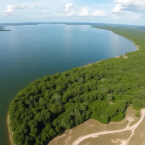 Aerial view of Toledo Bend Reservoir showing water and surrounding landscape