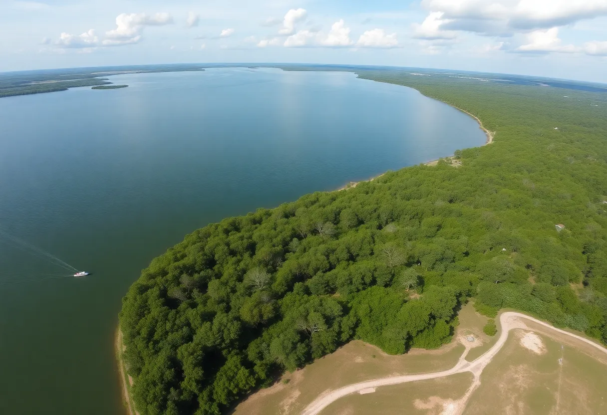 Aerial view of Toledo Bend Reservoir showing water and surrounding landscape