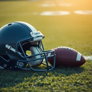Empty football helmet and ball on a field