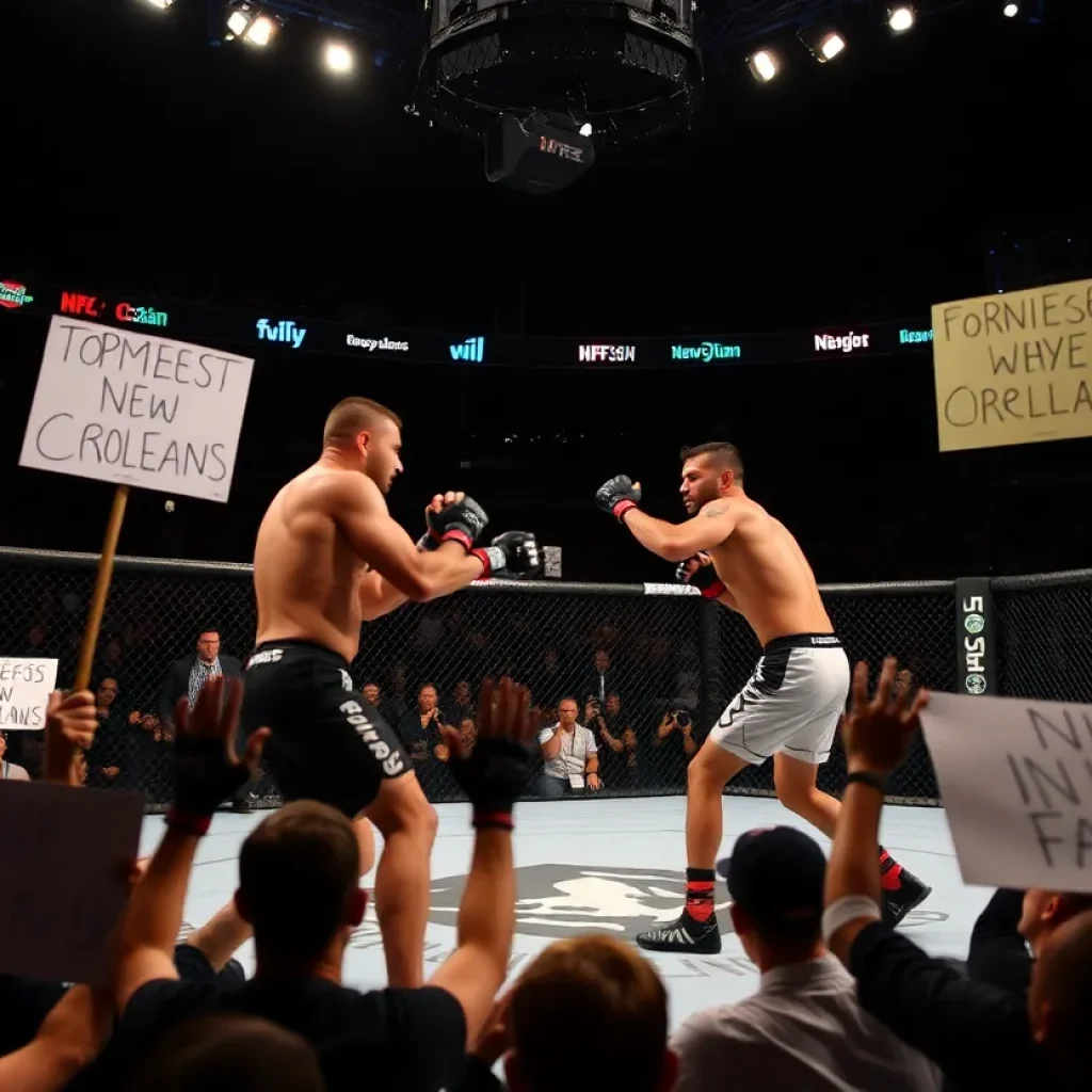 Crowd cheering at UFC 318 in New Orleans with fighters in the cage