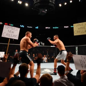 Crowd cheering at UFC 318 in New Orleans with fighters in the cage