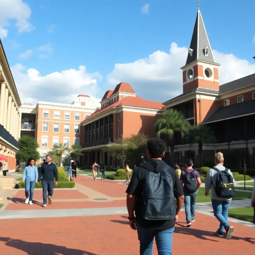 Campus of the University of New Orleans with students and buildings