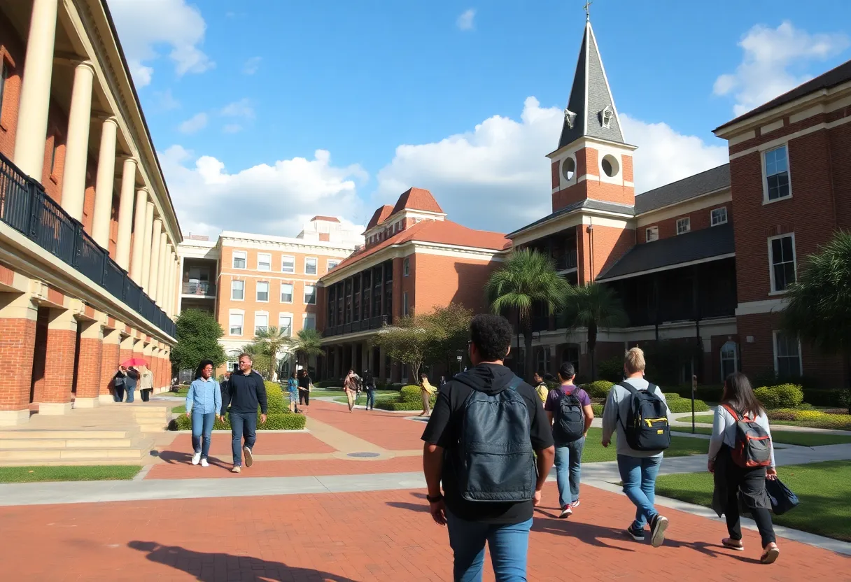 Campus of the University of New Orleans with students and buildings