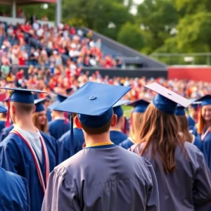 UNO baseball players in graduation caps and gowns at Maestri Field
