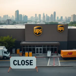 A UPS facility with a 'Closed' sign, highlighting the impact on employees.