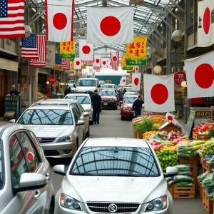 Market showing U.S. and Japanese products symbolizing trade relations