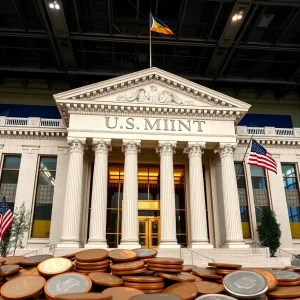 Interior view of U.S. Mint with coins being produced and workers at minting machines.