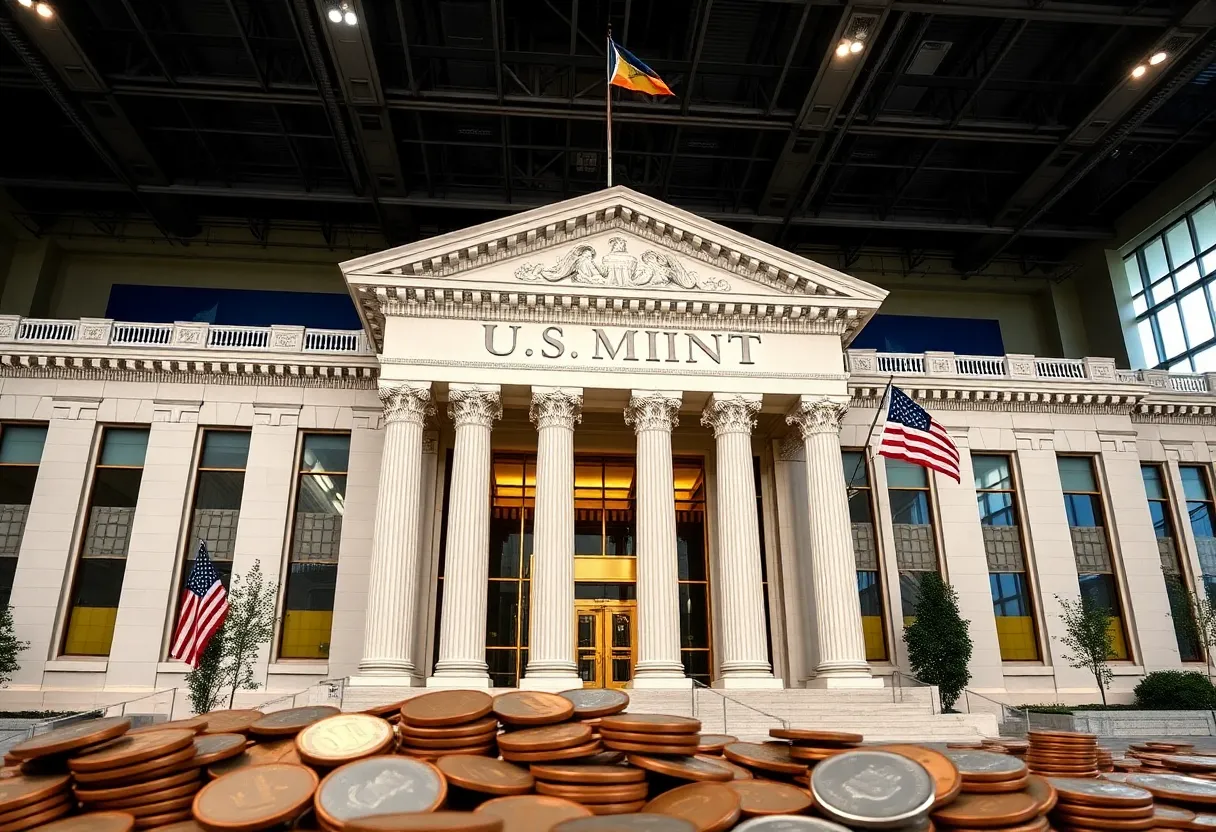 Interior view of U.S. Mint with coins being produced and workers at minting machines.