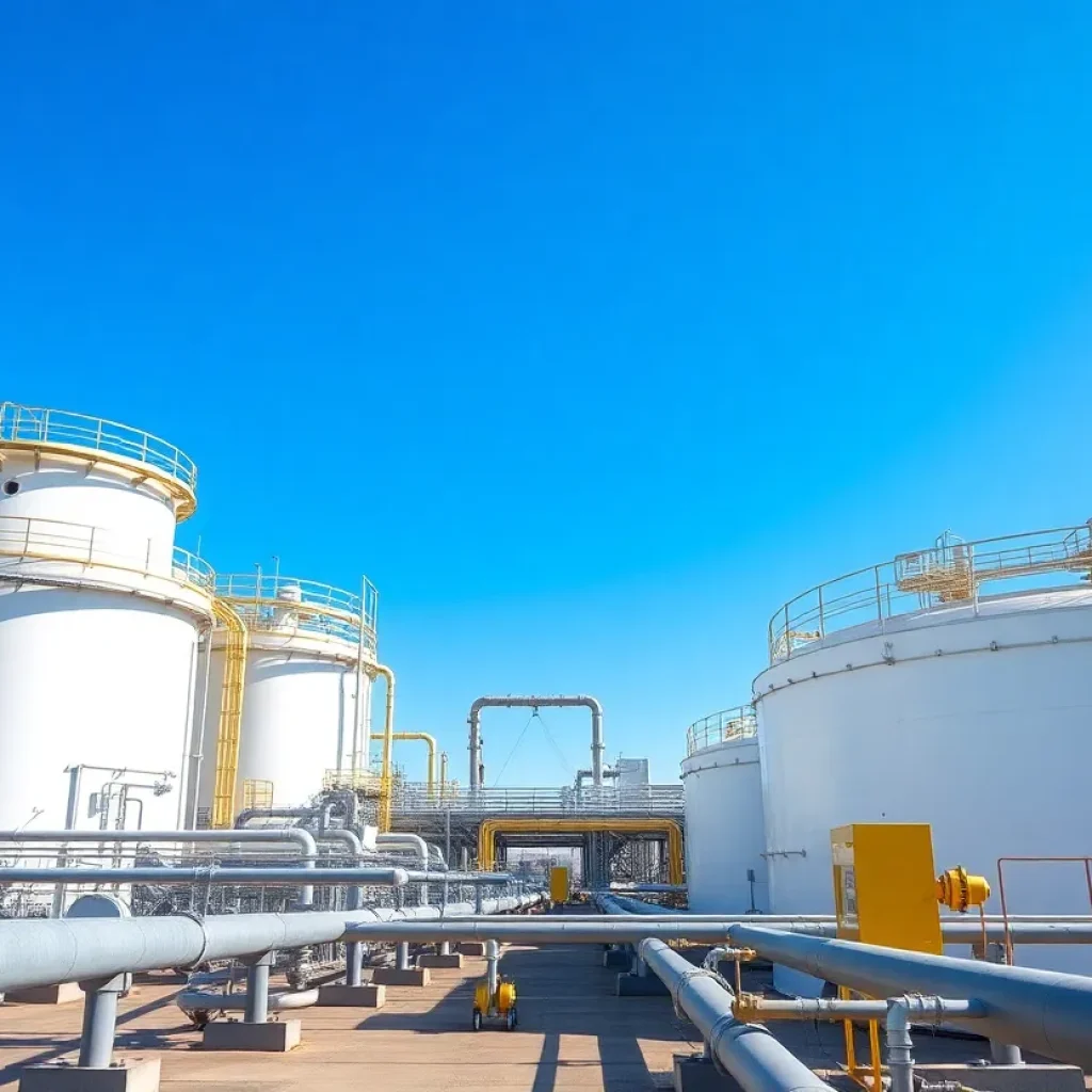 Industrial natural gas terminal with storage tanks and pipelines