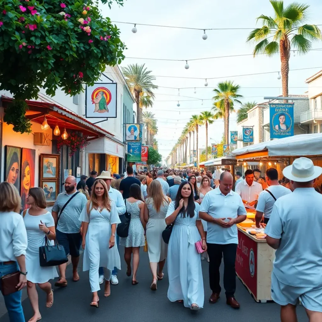 Crowd at Fidelity Bank White Linen Night in New Orleans with art displays