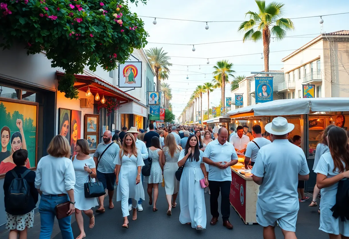 Crowd at Fidelity Bank White Linen Night in New Orleans with art displays