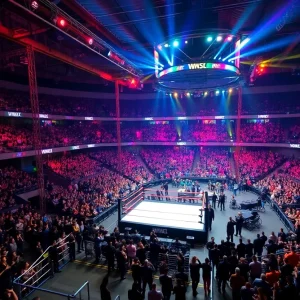 Wrestling arena with fans during WrestleMania event
