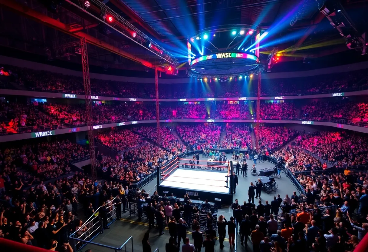 Wrestling arena with fans during WrestleMania event