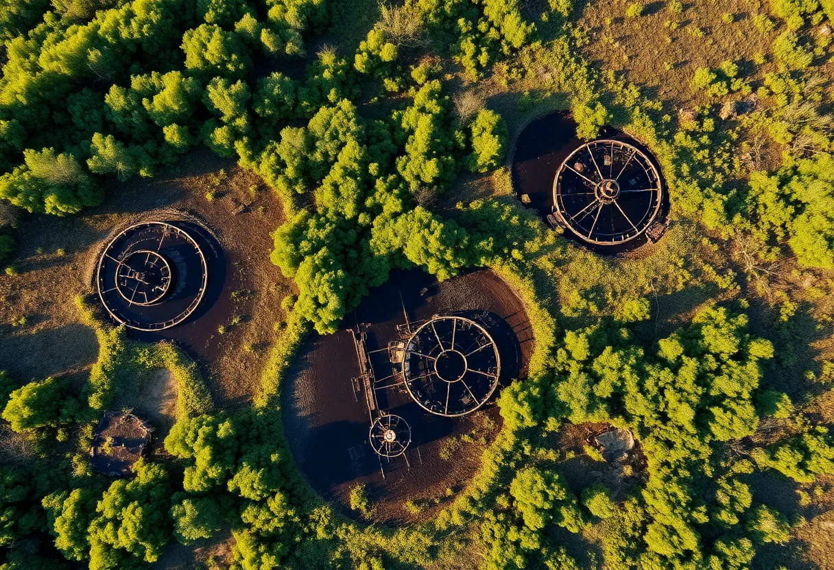 Abandoned oil wells surrounded by vegetation in Louisiana