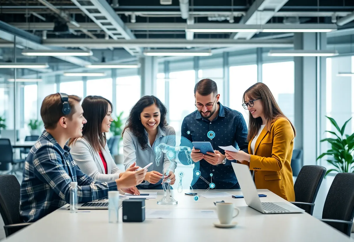 Diverse professionals working on artificial intelligence projects in a modern office setting