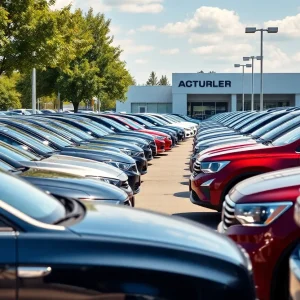 Exterior view of a large automotive dealership with various car brands.